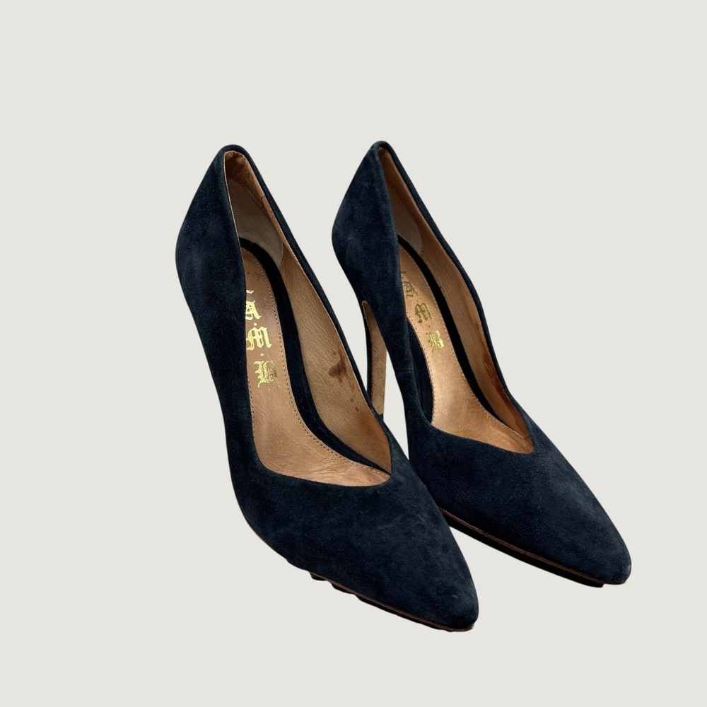 L.A.M.B. Suede Pointed Toe Pumps 7.5M Black Rocker Glam Stiletto Heels Lug Soles